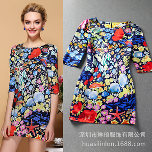 批发采购连衣裙-服装批发加盟 品牌女装 新款 真丝定位印花 海底世界中袖连衣裙女.